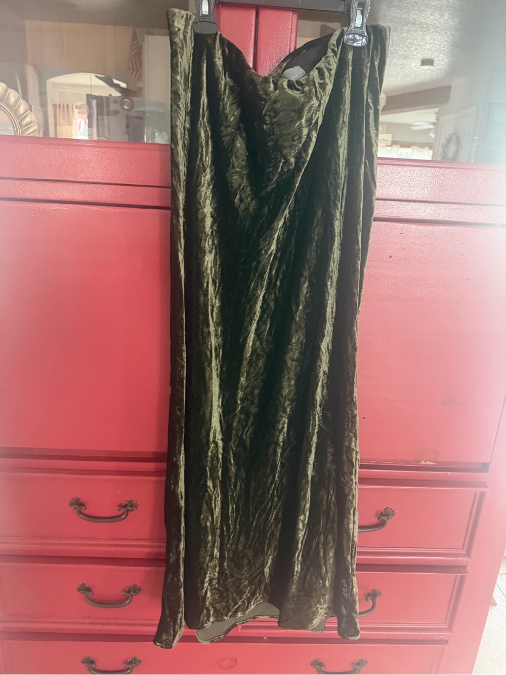 Anthropologie Olive Velvet Maxi Skirt